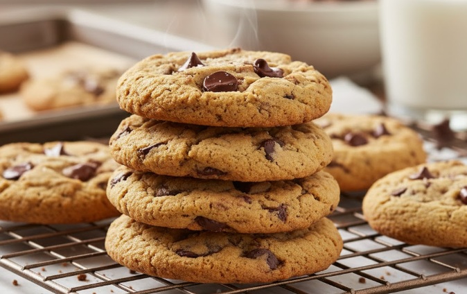 עוגיות שוקולד צ'יפס זהובות על רשת קירור.