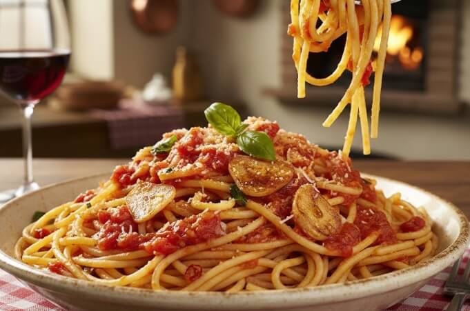     ספגטי נפוליטנה ברוטב עגבניות ושום 