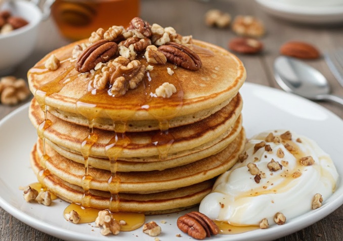 פנקייקס דבש עם אגוזים ויוגורט.