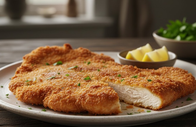 שניצל עוף עסיסי מצופה פריך.